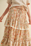 Cream Floral Elastic Waist Midi Skirt