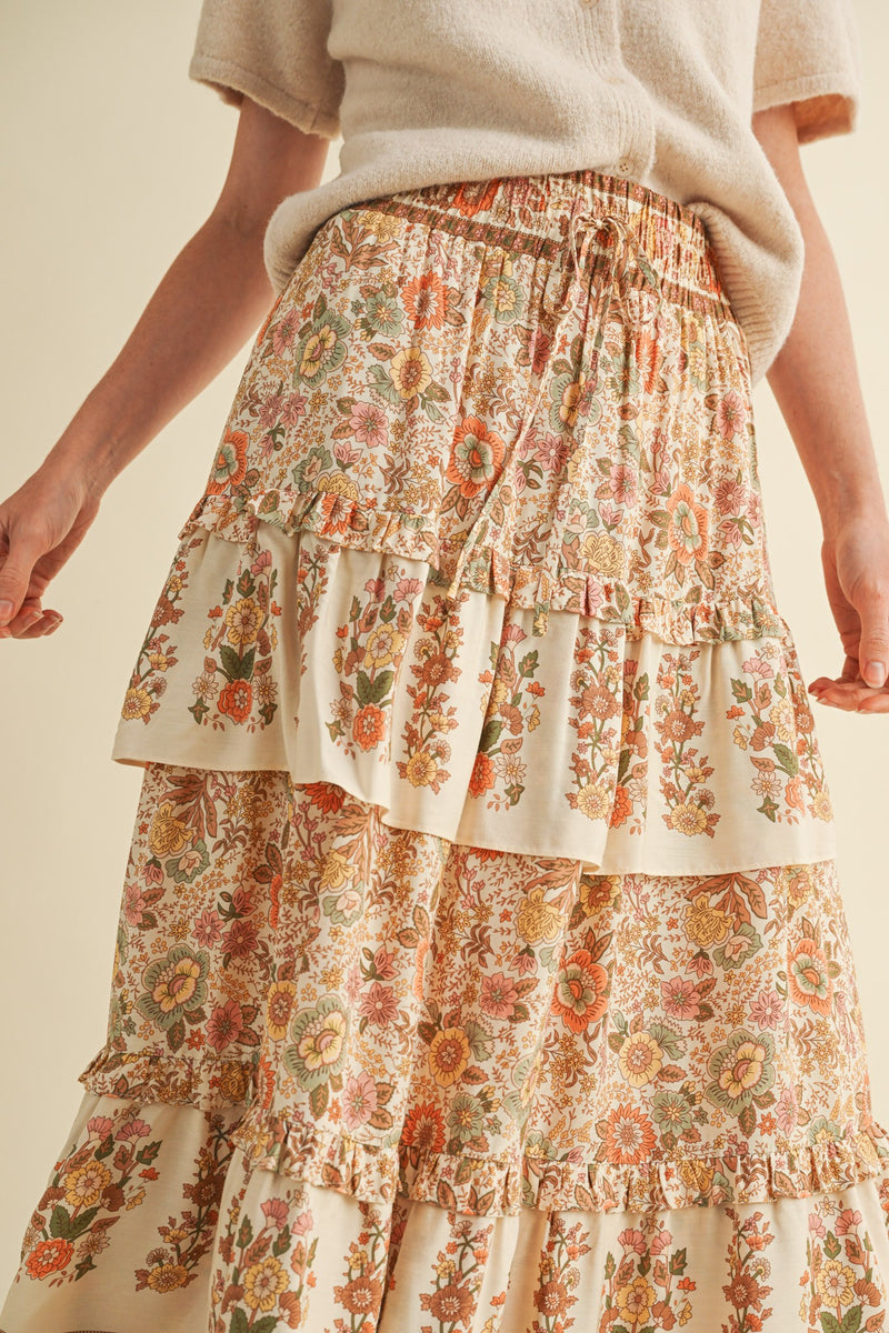 Cream Floral Elastic Waist Midi Skirt