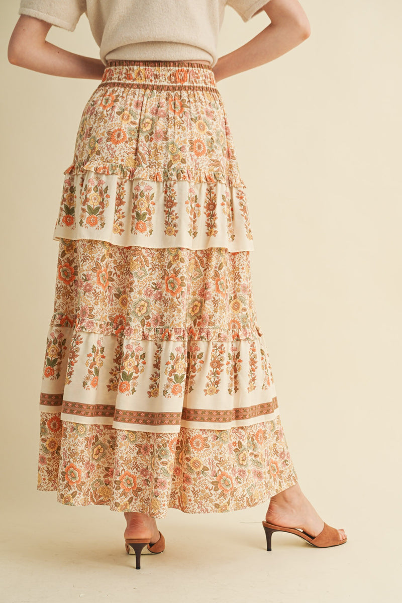 Cream Floral Elastic Waist Midi Skirt