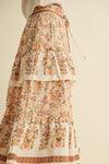 Cream Floral Elastic Waist Midi Skirt