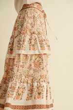 Cream Floral Elastic Waist Midi Skirt