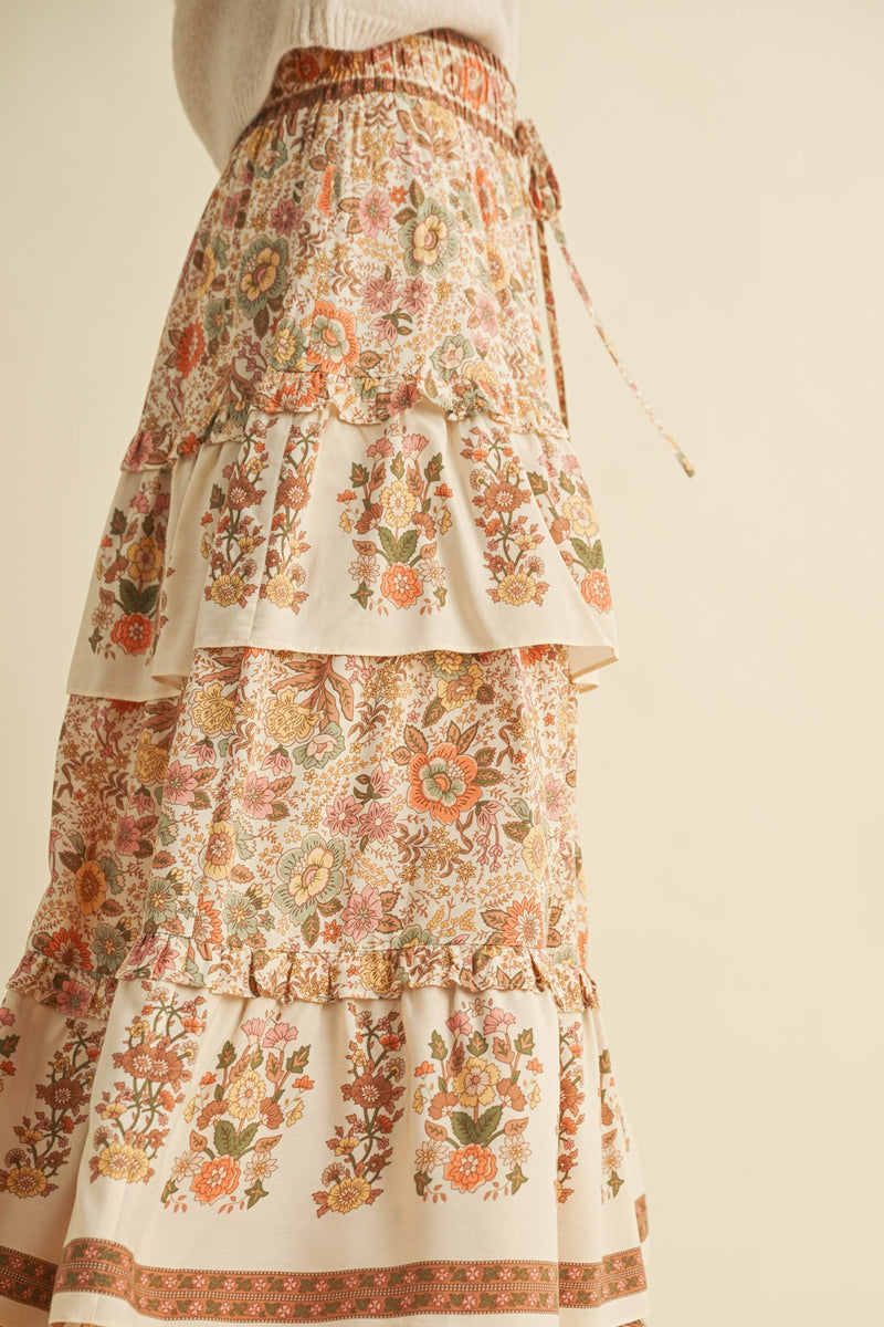 Cream Floral Elastic Waist Midi Skirt