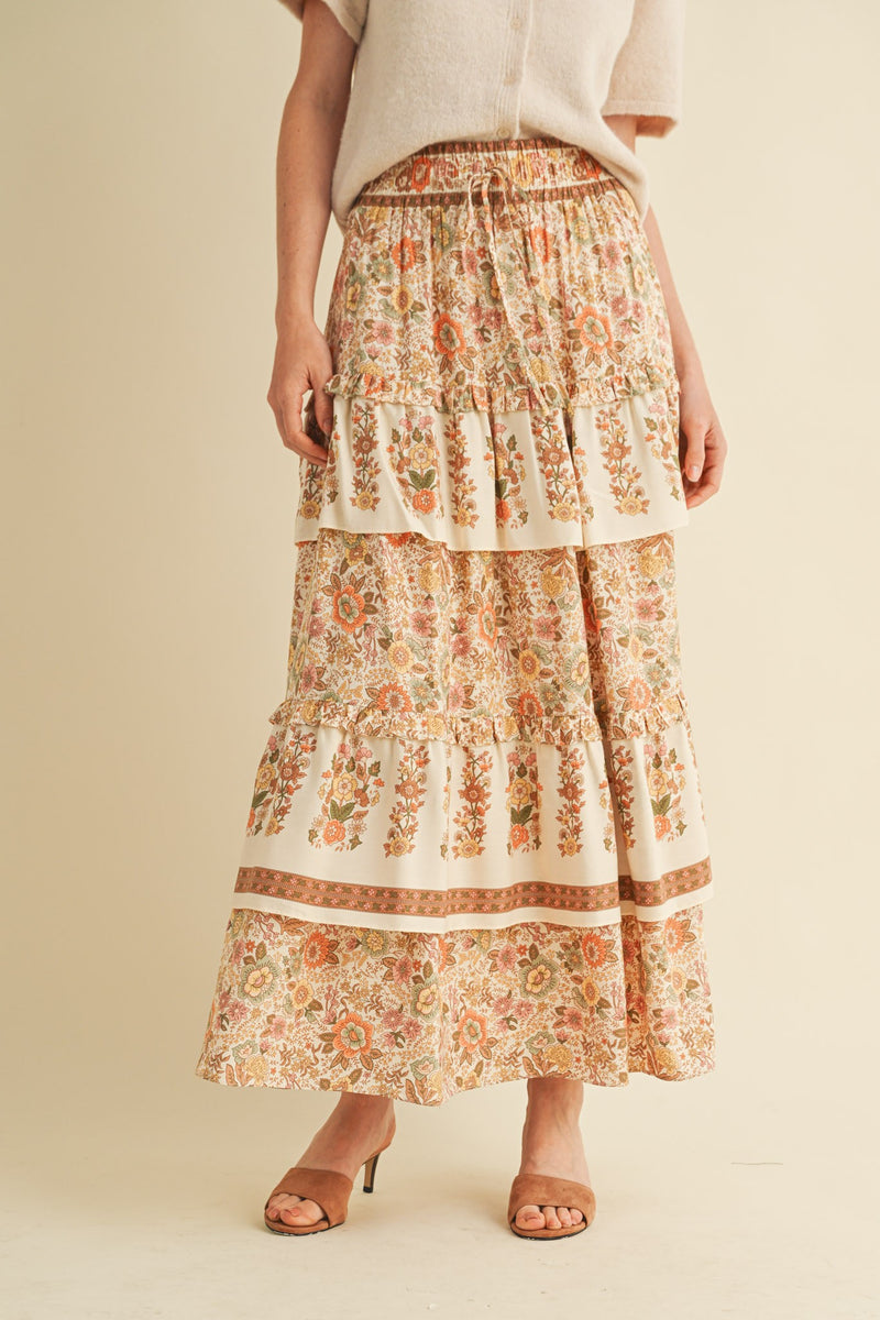 Cream Floral Elastic Waist Midi Skirt