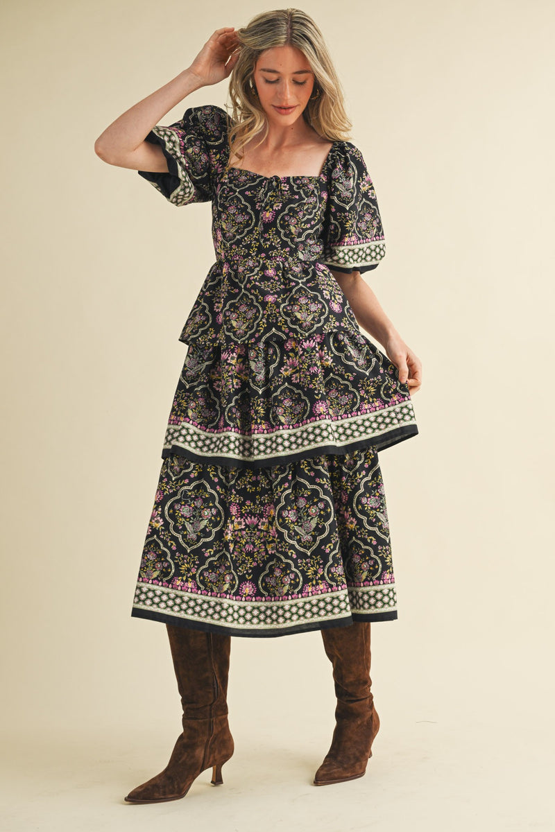 Purple and Black Tiered Skirt Midi Dress