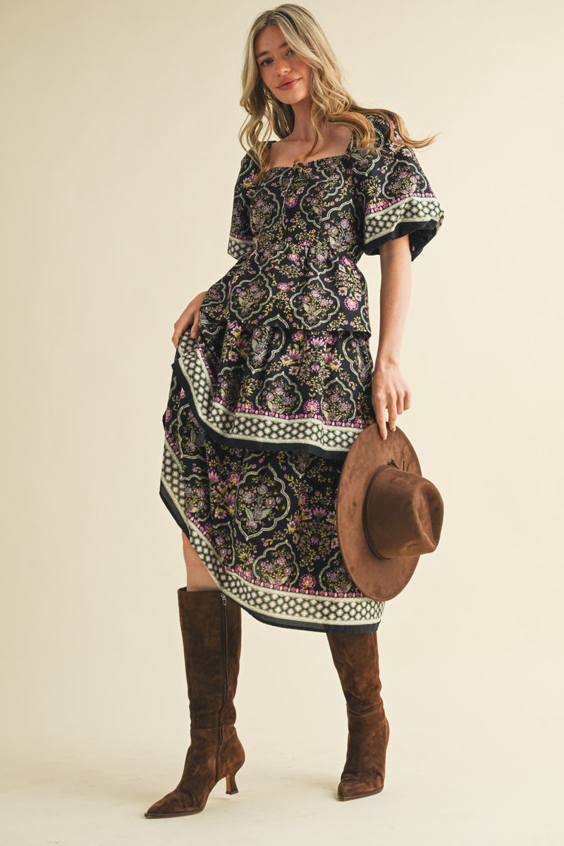 Purple and Black Tiered Skirt Midi Dress
