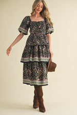 Purple and Black Tiered Skirt Midi Dress