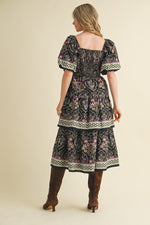 Purple and Black Tiered Skirt Midi Dress