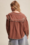 Mocha Embroidered Collar Button Down Blouse