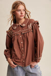 Mocha Embroidered Collar Button Down Blouse