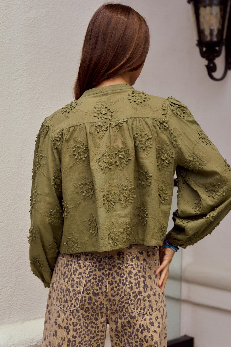 Olive Cropped 3D Button Down Blouse