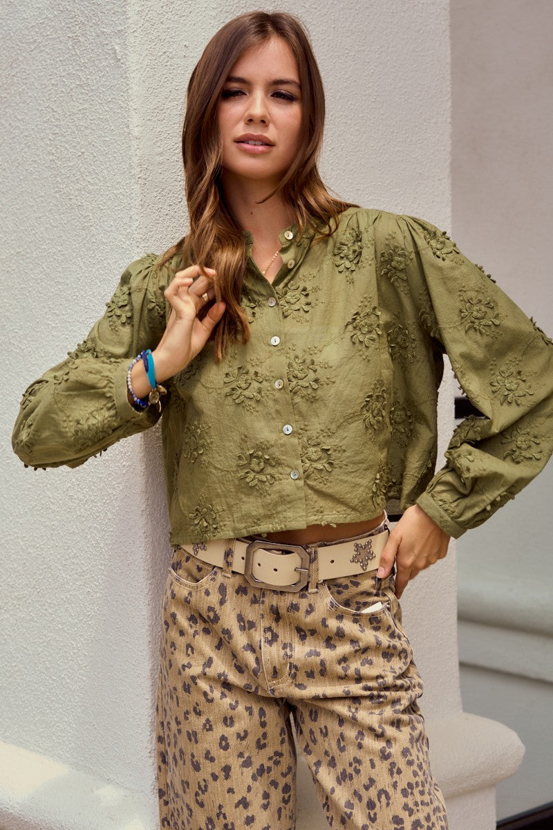 Olive Cropped 3D Button Down Blouse