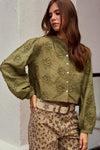 Olive Cropped 3D Button Down Blouse