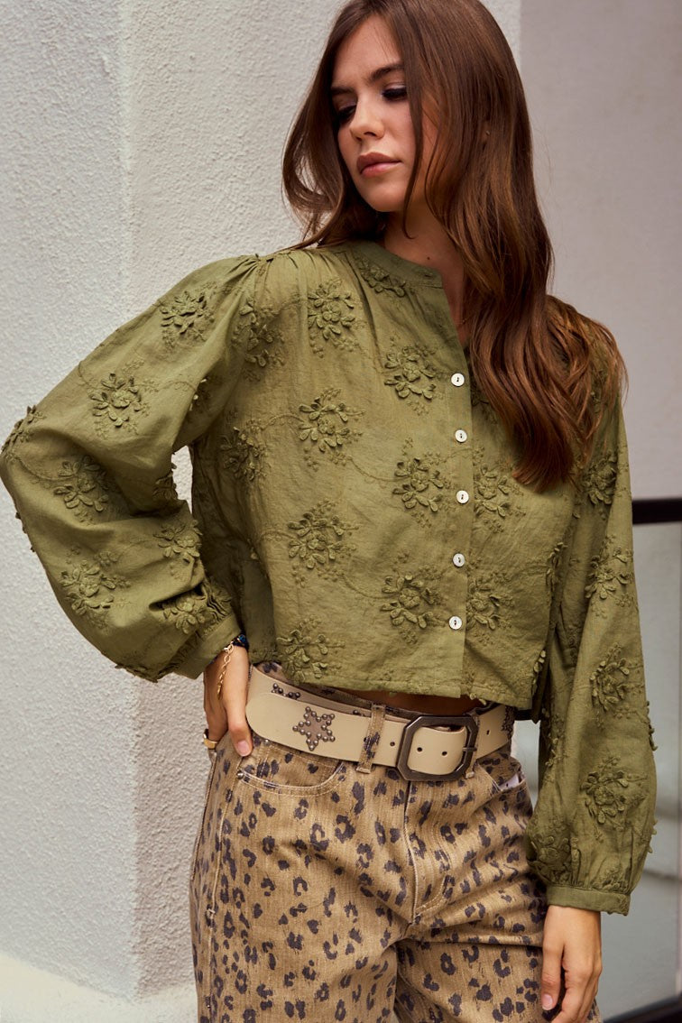 Olive Cropped 3D Button Down Blouse