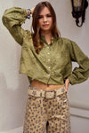 Olive Cropped 3D Button Down Blouse