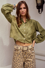 Olive Cropped 3D Button Down Blouse