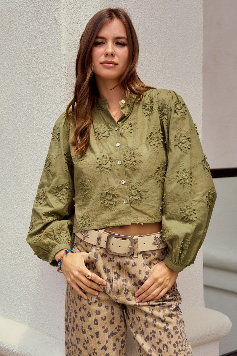 Olive Cropped 3D Button Down Blouse
