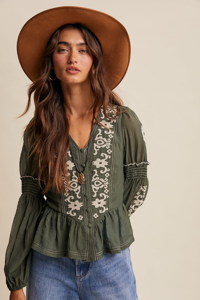 Embroidered Peplum Blouse in Deep Green