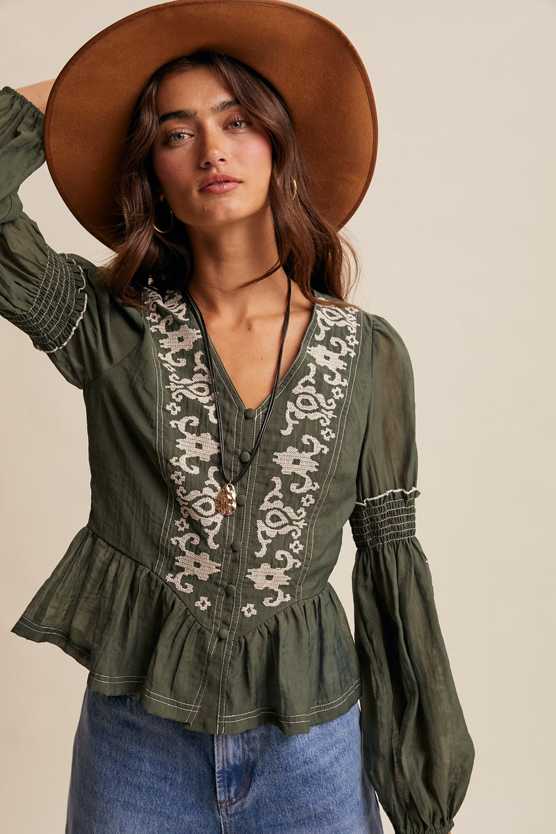 Embroidered Peplum Blouse in Deep Green
