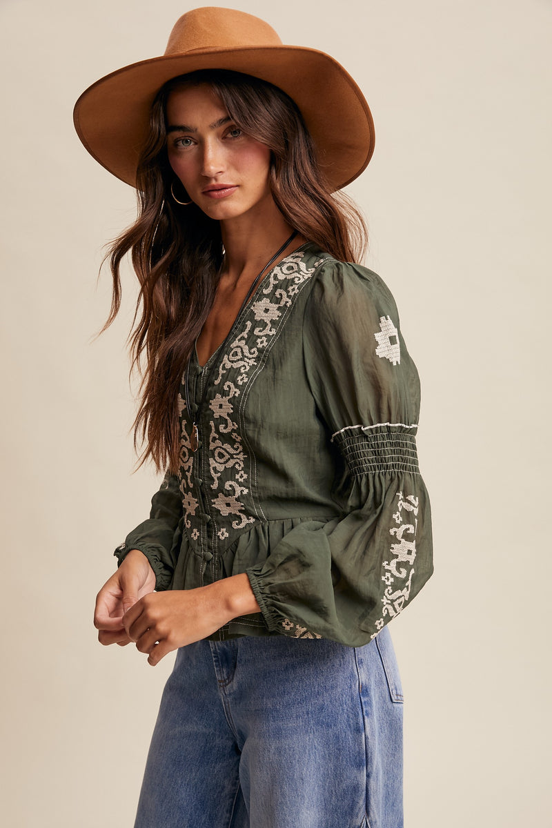 Embroidered Peplum Blouse in Deep Green