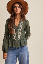 Embroidered Peplum Blouse in Deep Green
