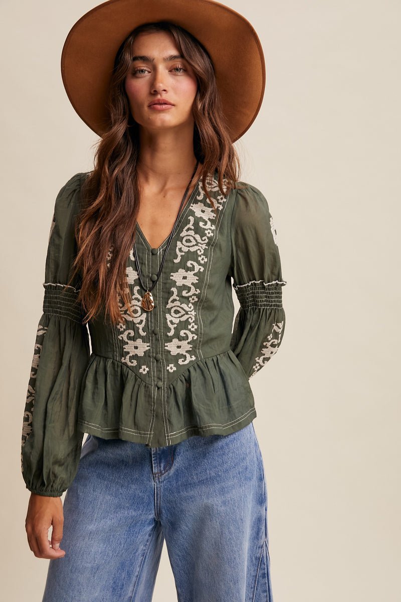 Embroidered Peplum Blouse in Deep Green