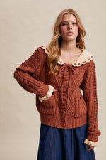 Contrast Crochet Collar Cardigan in Terracotta