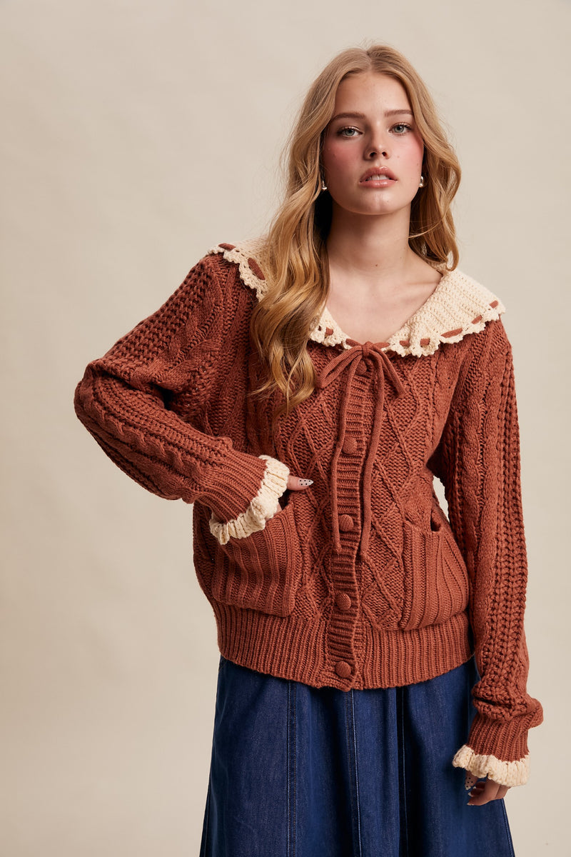 Contrast Crochet Collar Cardigan in Terracotta