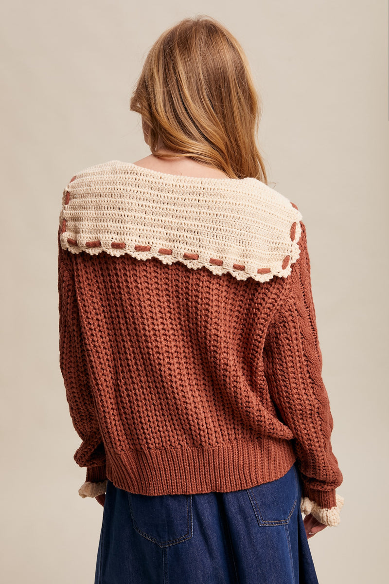 Contrast Crochet Collar Cardigan in Terracotta