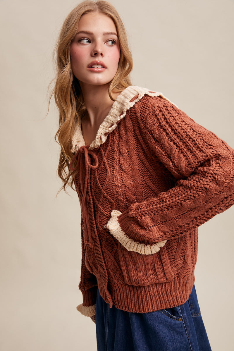 Contrast Crochet Collar Cardigan in Terracotta