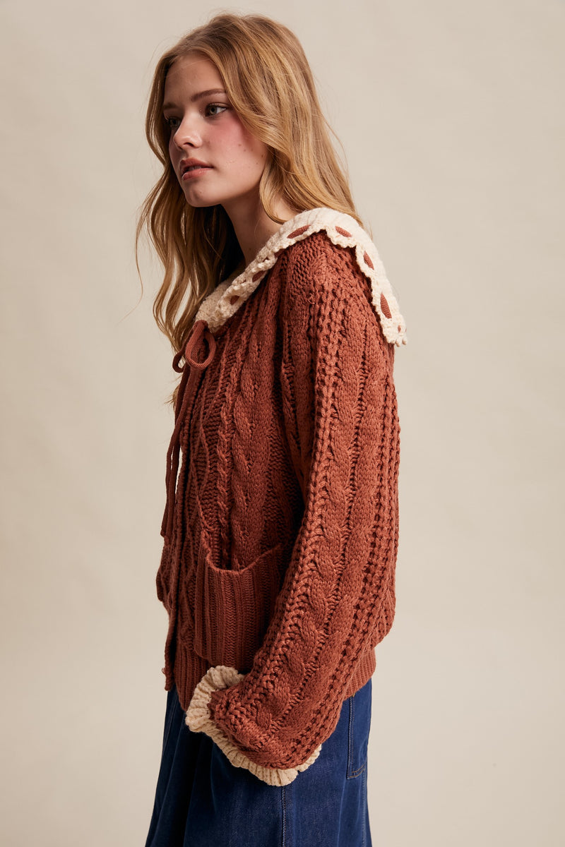 Contrast Crochet Collar Cardigan in Terracotta