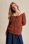 Contrast Crochet Collar Cardigan in Terracotta