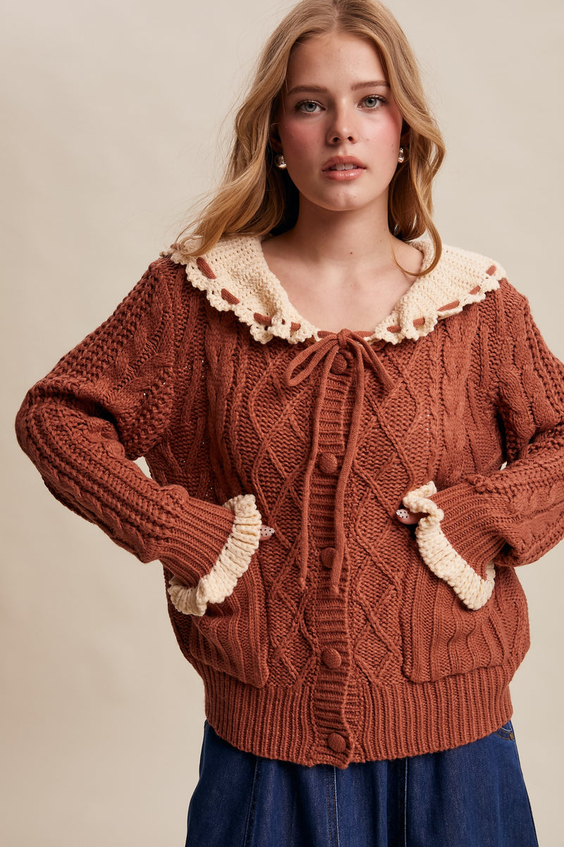 Contrast Crochet Collar Cardigan in Terracotta
