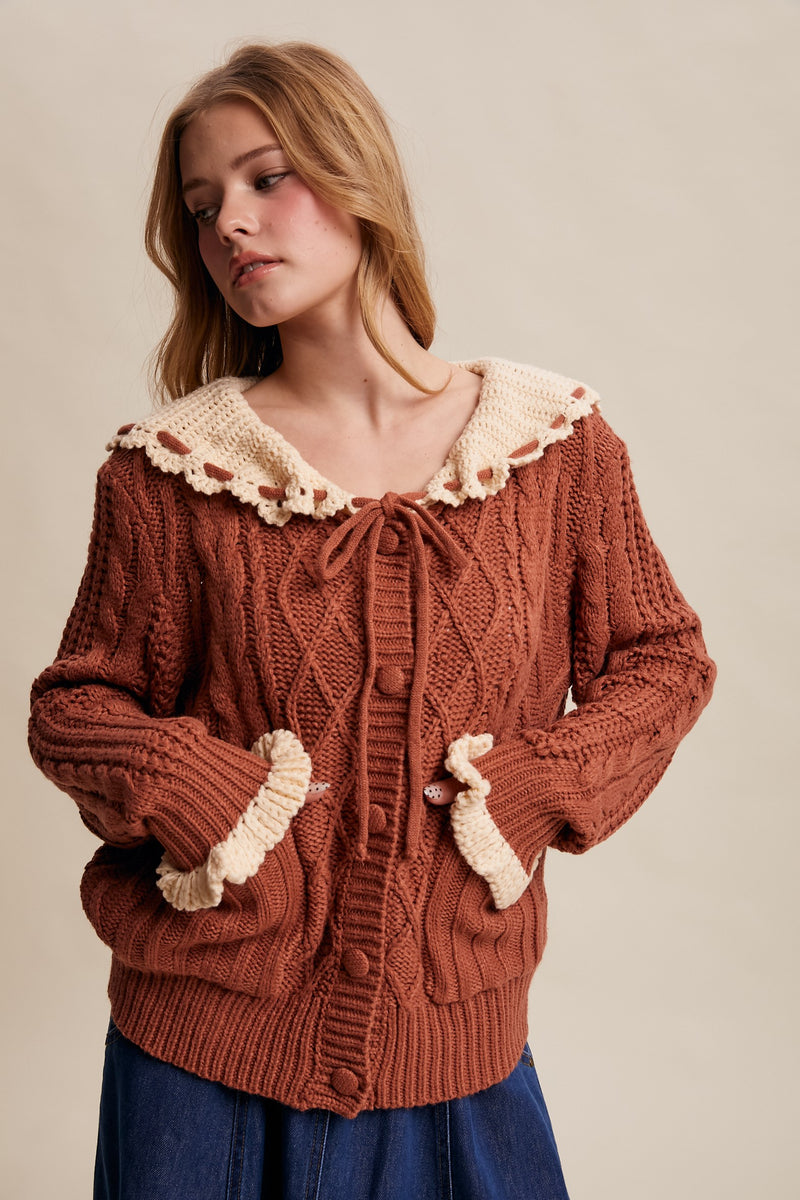 Contrast Crochet Collar Cardigan in Terracotta
