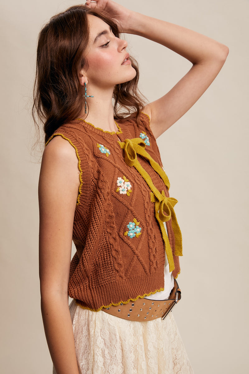 Loose Embroidered Knit Vest in Pecan