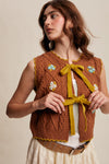 Loose Embroidered Knit Vest in Pecan