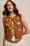 Loose Embroidered Knit Vest in Pecan