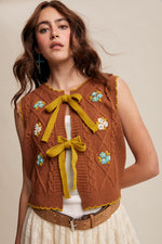 Loose Embroidered Knit Vest in Pecan