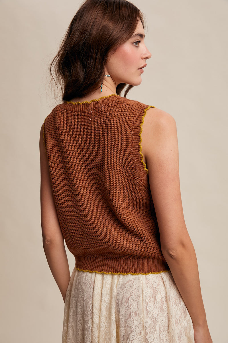 Loose Embroidered Knit Vest in Pecan