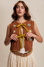 Loose Embroidered Knit Vest in Pecan