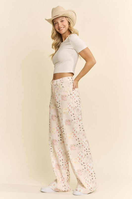Cream Floral Patchwork Wide Leg Pants – Modern Millie