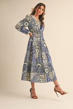 Navy and Cream Vintage Floral Midi Dress
