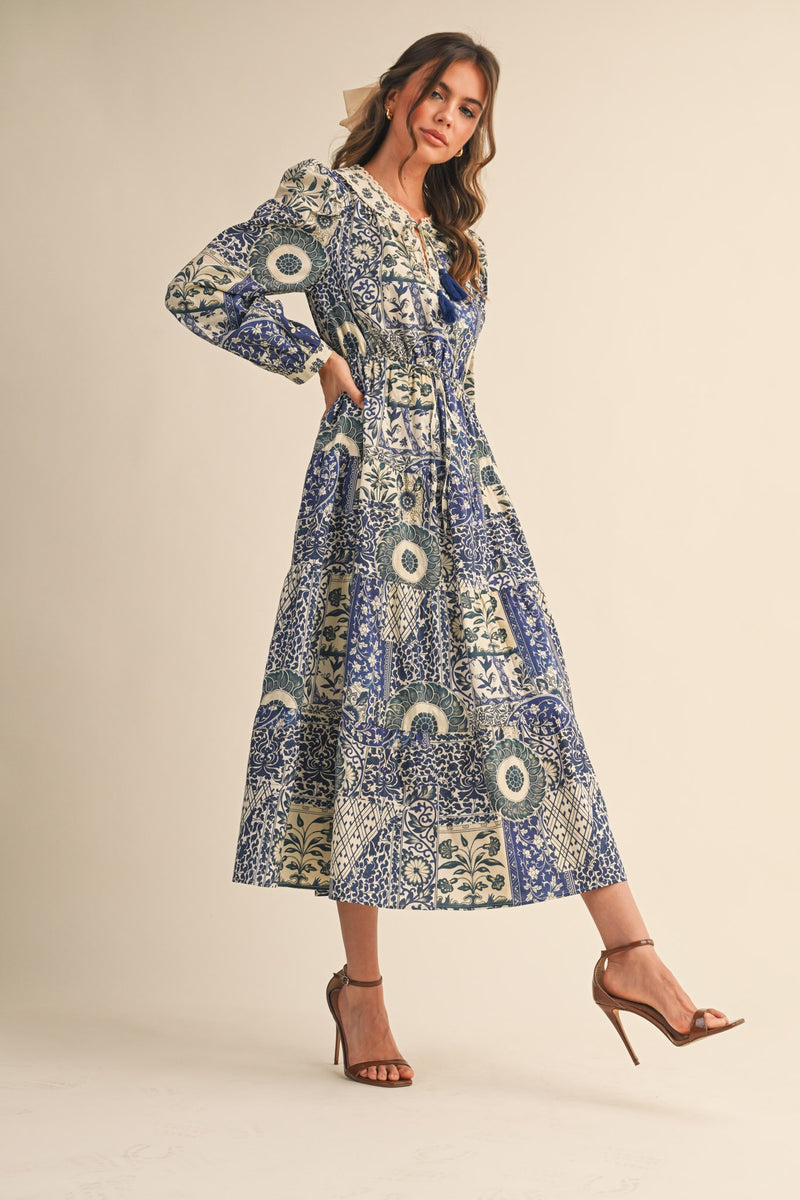 Navy and Cream Vintage Floral Midi Dress