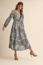 Navy and Cream Vintage Floral Midi Dress