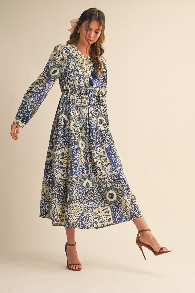 Navy and Cream Vintage Floral Midi Dress