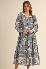 Navy and Cream Vintage Floral Midi Dress