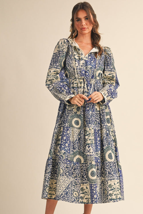 Navy and Cream Vintage Floral Midi Dress