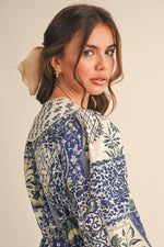 Navy and Cream Vintage Floral Midi Dress