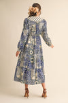 Navy and Cream Vintage Floral Midi Dress
