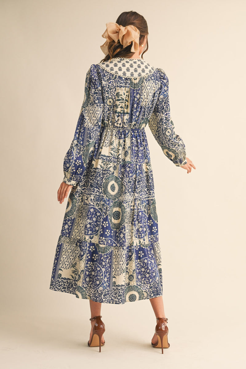 Navy and Cream Vintage Floral Midi Dress