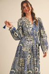Navy and Cream Vintage Floral Midi Dress